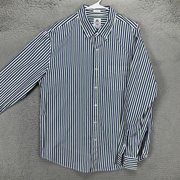 J Crew Thomas Mason Mens Button Down Shirt Large Blue Green Striped Classic Fit